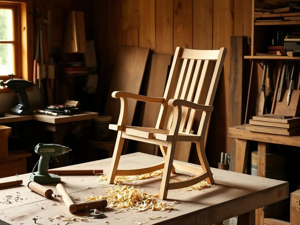 Workshop bench with hand tools and an unfinished chair frame