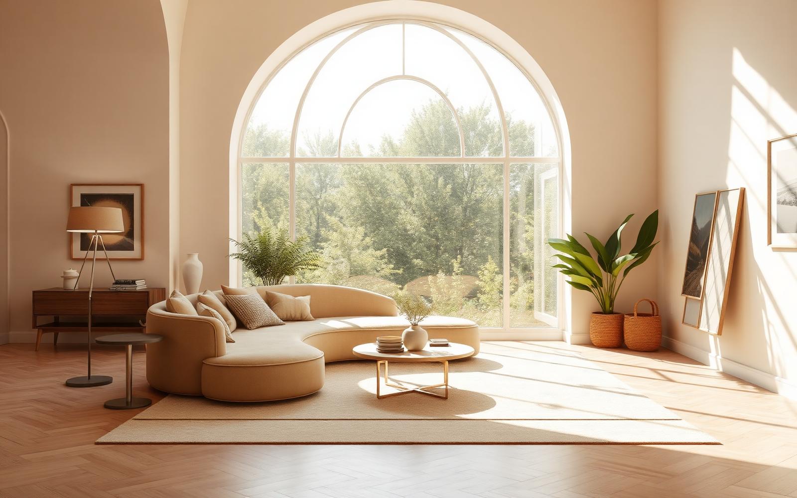 Sunlit lounge with a curved sand sofa