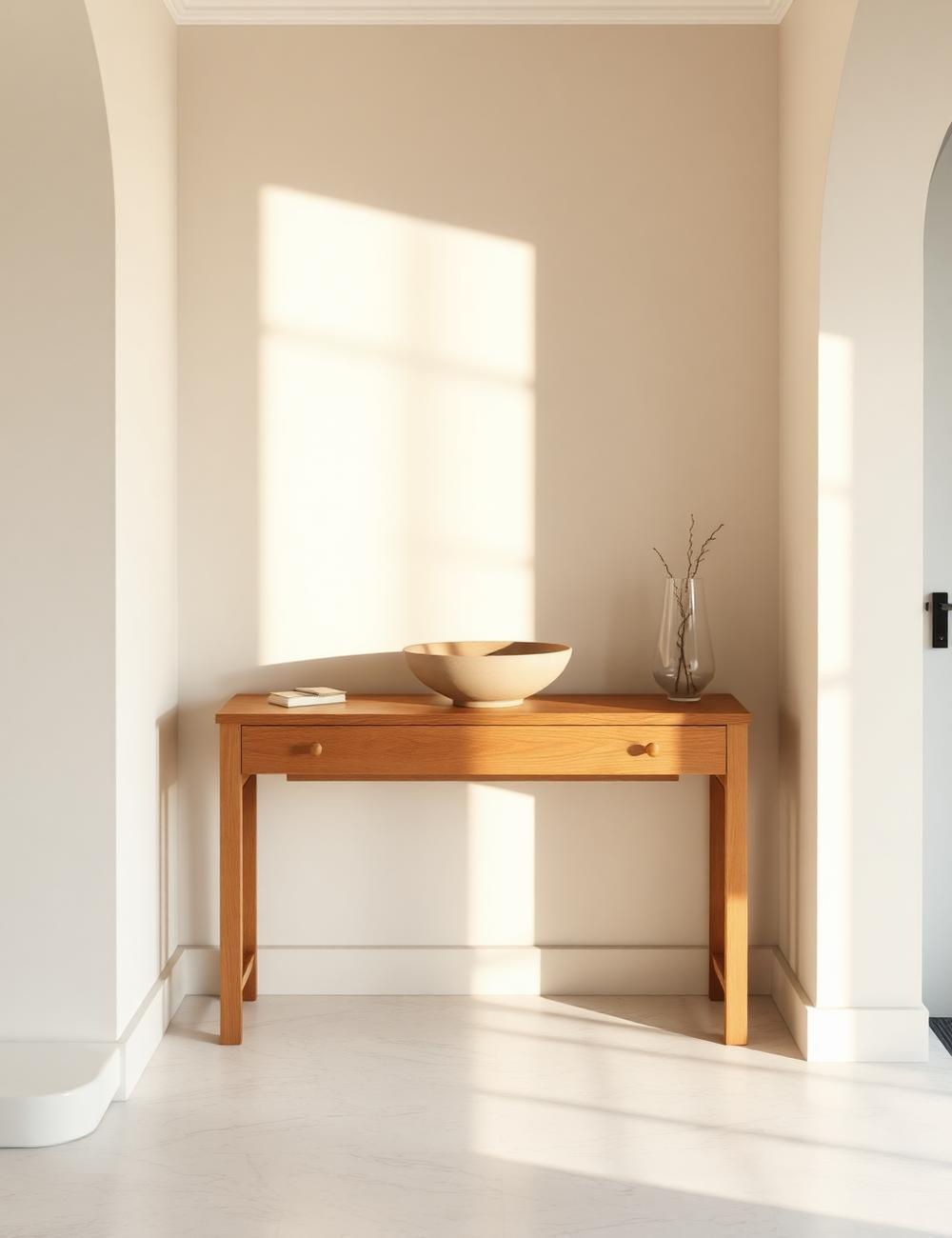 Quiet entryway with an oak console table
